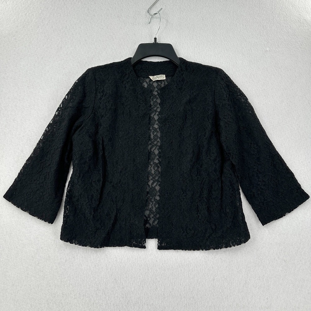Vintage 1980s Eclipse Lace Black Open Cardigan Top Size 38 Jacket Sheer Cover Up